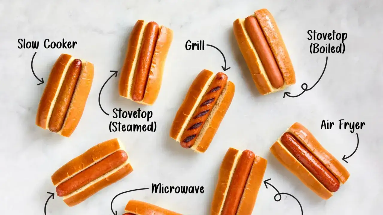 Olika sätt att tillaga en korv för en perfekt hot dog: slow cooker, grill, spishäll (kokt/ångad), air fryer och mikrovågsugn.