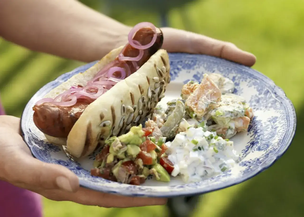En tallrik med en grillad korv i ett bröd med rödlök, guacamole, potatissallad och äggsallad. Perfekt för att lära sig como hacer hot dog.