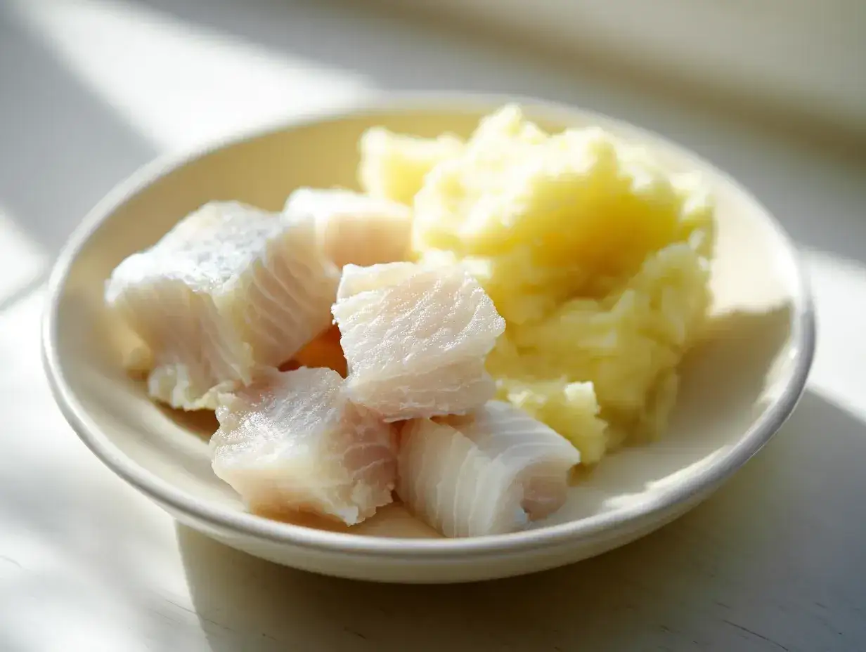 En tallrik med fiskbitar och potatismos, en perfekt måltid för barn.