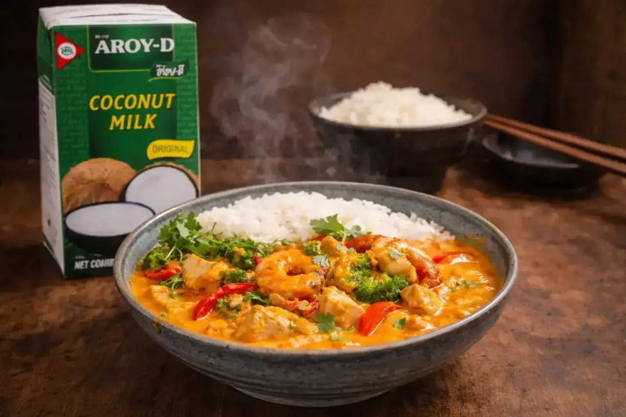 En sk&aring;l med &aring;ngande curry med r&auml;kor, kyckling, broccoli och ris. Bredvid st&aring;r en kartong med Aroy-D kokosmj&ouml;lk, perfekt f&ouml;r en kr&auml;mig leche de coco-baserad s&aring;s.