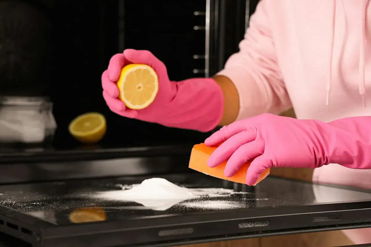 Person i rosa handskar rengör spishäll med bikarbonat och citron. Bikarbonat de sodio para que sirve? För effektiv rengöring!