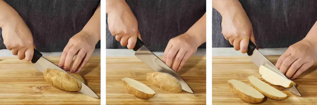 Händer skär potatis i klyftor. Olika tipos de cortes de vegetales visas.