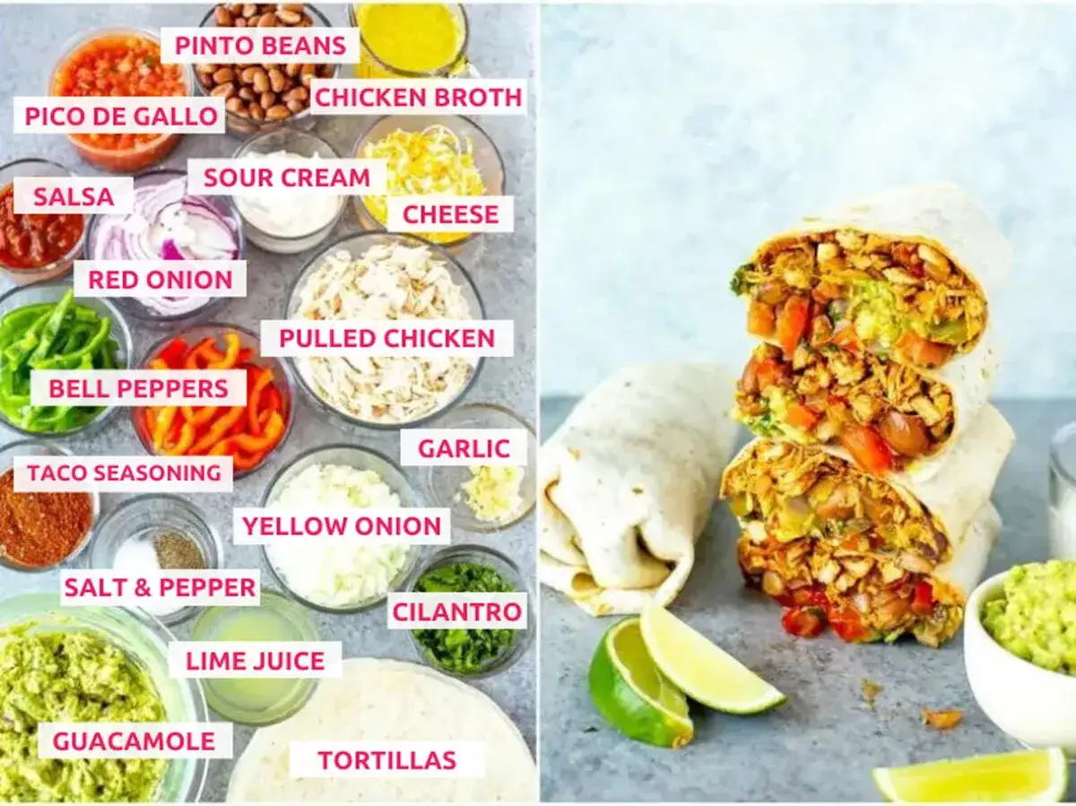 Ingredienser för cómo hacer burritos de pollo: pulled chicken, bönor, salsa, ost, gräddfil, lök, paprika, guacamole, tortillabröd m.m.