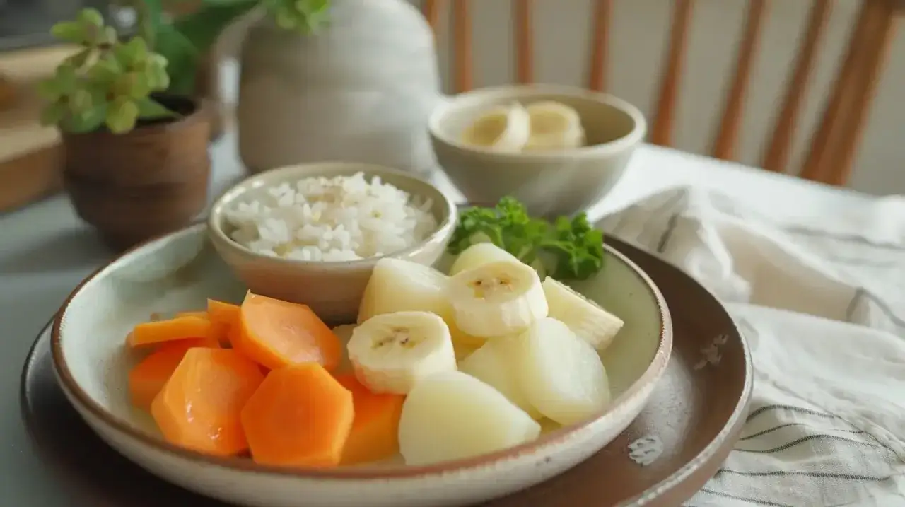En sk&aring;l med ris, mor&ouml;tter, banan och potatis. En mild m&aring;ltid som kan vara en del av remedios caseros para la gastritis.