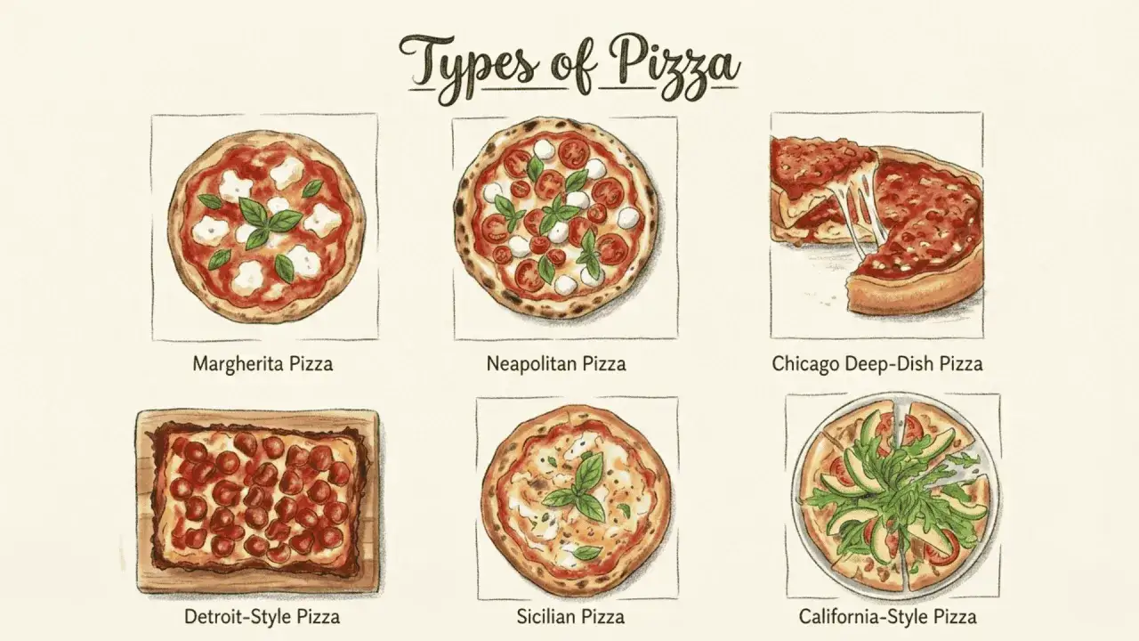 Illustration av olika tipos de pizza: Margherita, Neapolitansk, Chicago Deep-Dish, Detroit-Style, Siciliansk och Kalifornisk.