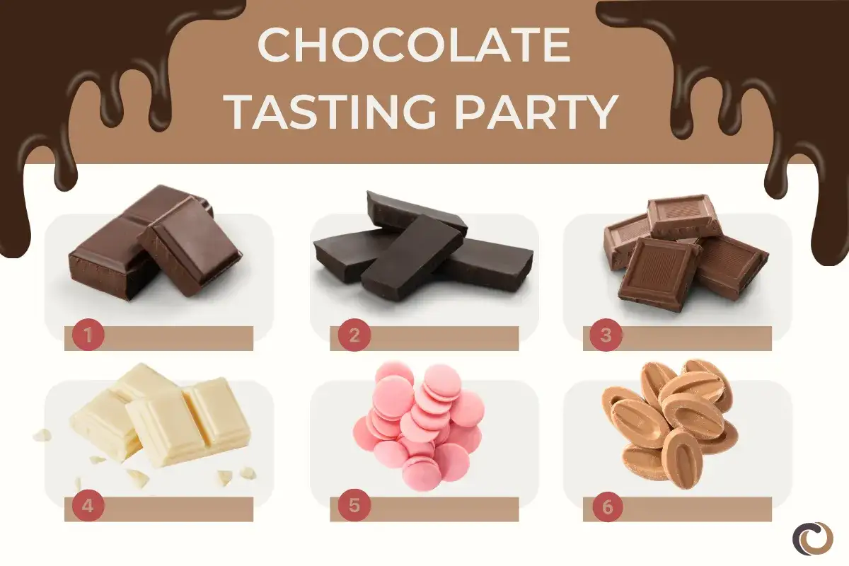 Olika tipos de chocolates: mörk, ljus, vit, rosa och karamell. En fest för chokladälskare!