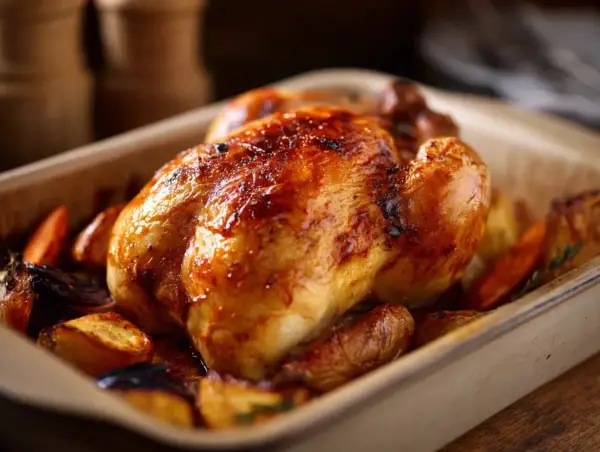 En saftig, gyllene pollo a la brasa med rostade rotfrukter i en ugnsform.