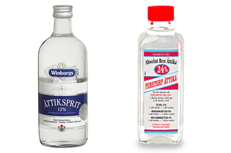 Två flaskor ättiksprit, en med 12% och en med 24%. Perfekt för inläggningar och matlagning, precis som vinagre blanco para que sirve.